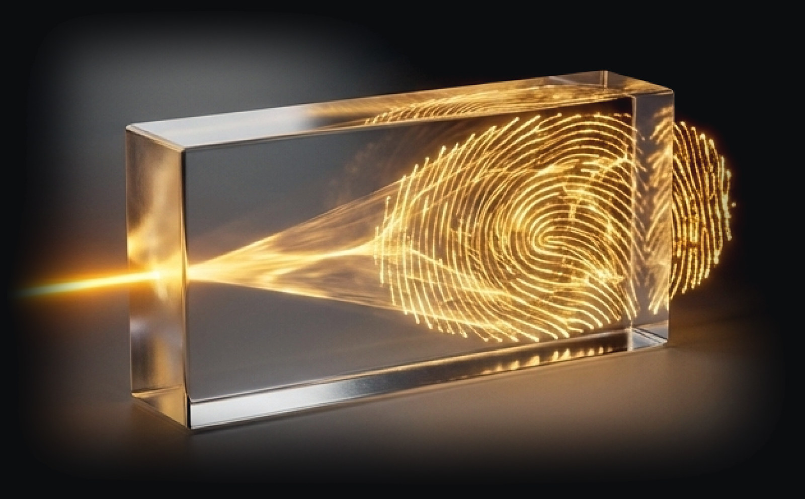 about_fingerprint_0C0D0F A beam of light passing through a glass block and emerging as a glowing fingerprint.
