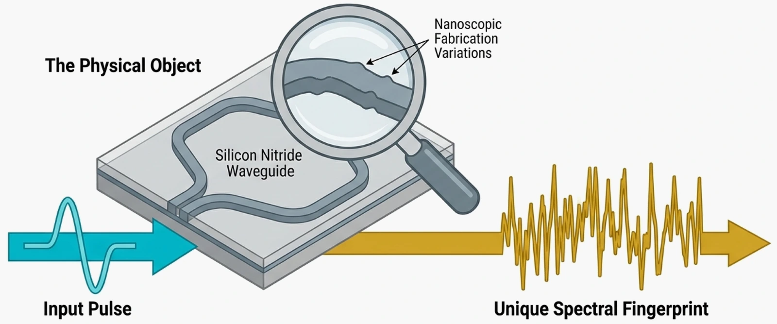 Diagram of a waveguide whose nanoscale fabrication variations turn an input pulse into a unique spectral fingerprint.