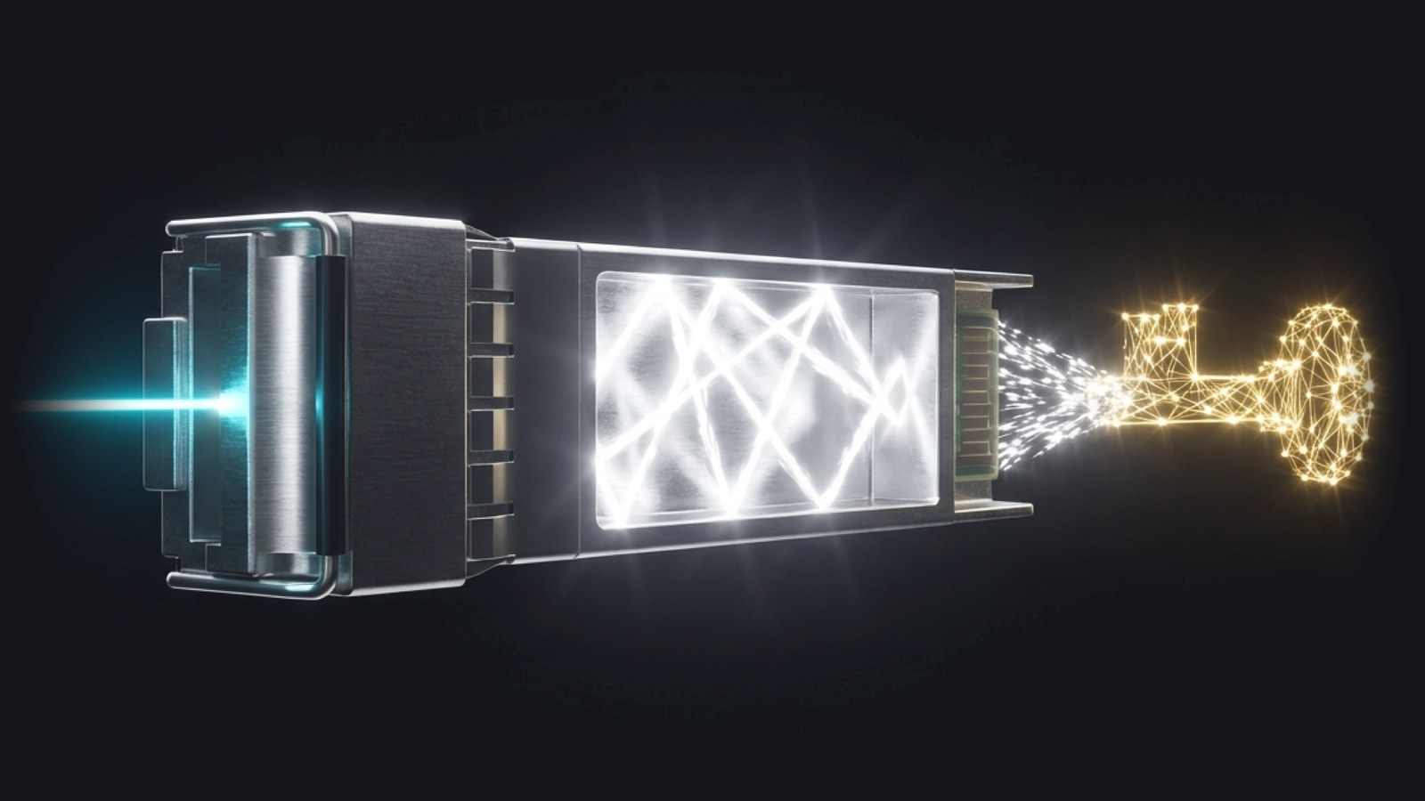 Optical transceiver module where incoming light scatters inside and emerges as a digital key.
